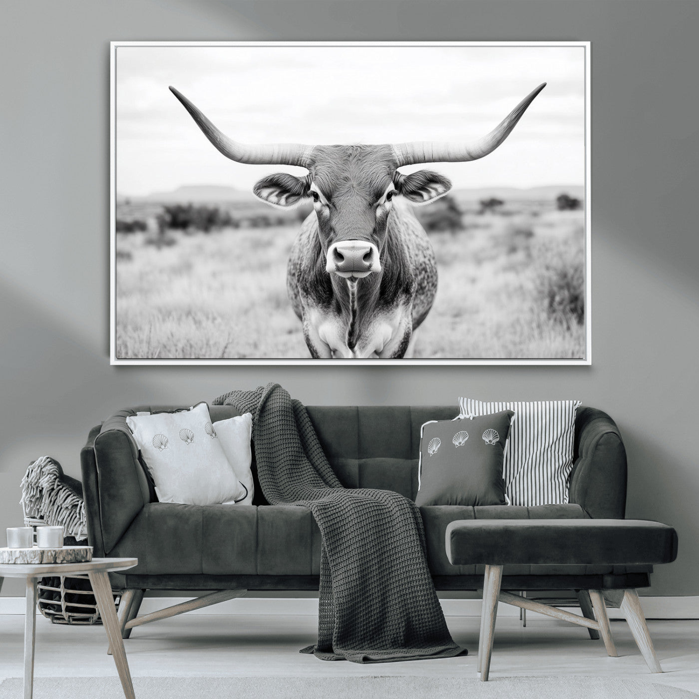 MGV-FC-36X24 - Highland Cow Wall Art Print - Black and White Texas Western Longhorn Canvas - Farmhouse Decor Print