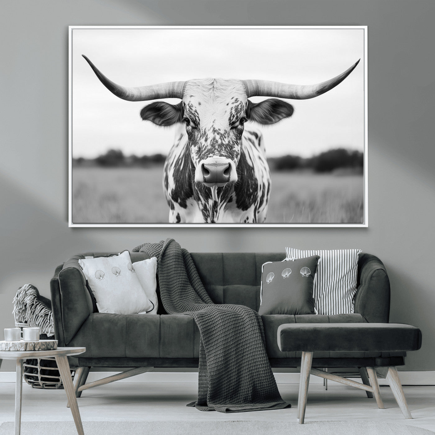 MGV-FC-36X24 - Highland Cow Wall Art - Black and White Western Longhorn Canvas Print - Farmhouse Living Room Decor