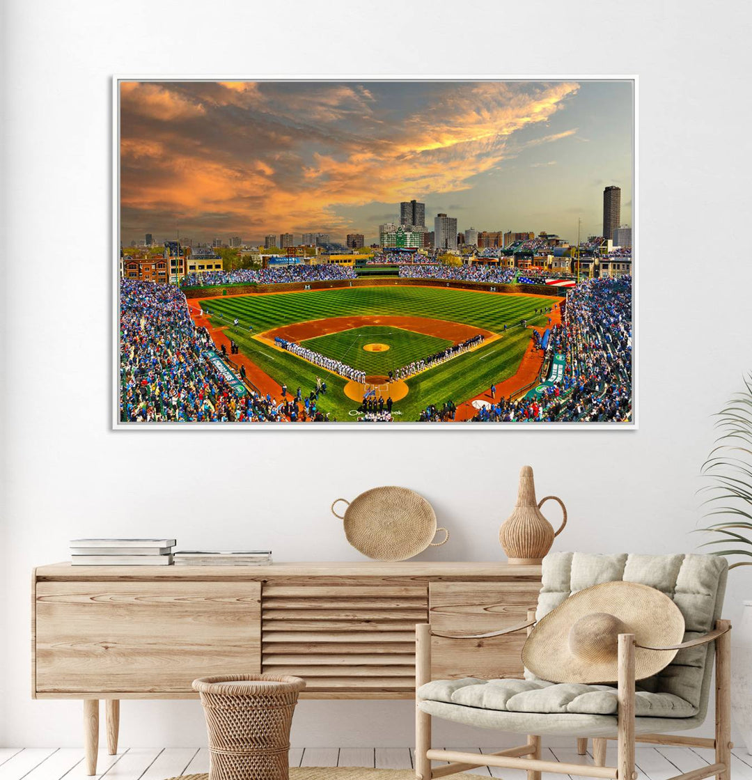 Aerial view of Wrigley Field at sunset against a vibrant sky, creating the perfect Chicago Wrigley Field Canvas Wall Art.