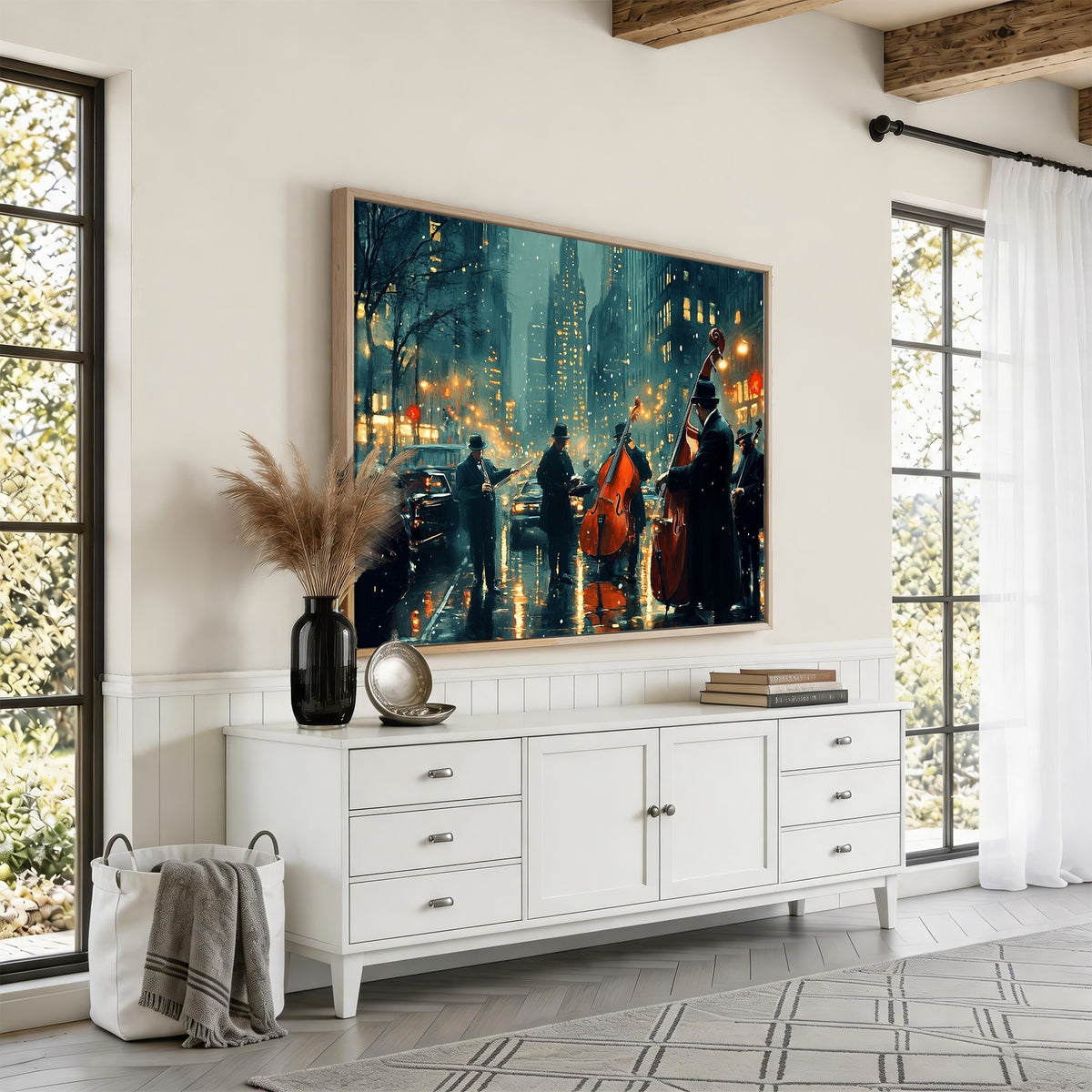 53391-MGV-CV-24X16 - Urban Night Jazz Wall Art Canvas Print | Moody Rain Soaked City Street Band Scene