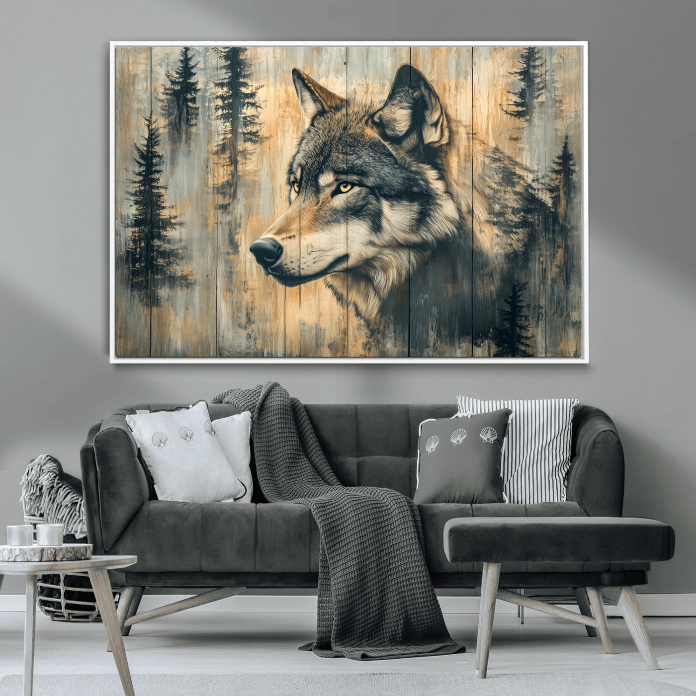MGV-FC-36X24 - Wood Style Rustic Wolf Wall Art Canvas Print, Vintage Woodland Wolf Wall Art, Framed Wood Style Wolf