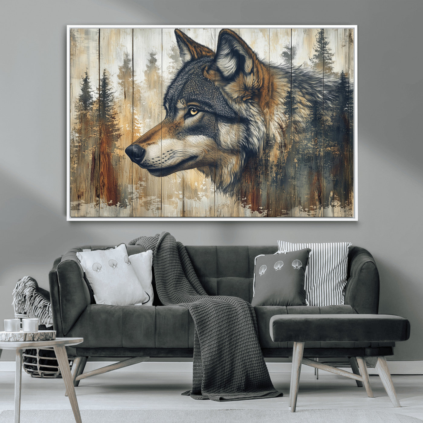 MGV-FC-36X24 - Rustic Wolf Wall Art Canvas Print, Vintage Woodland Wolf Wall Art