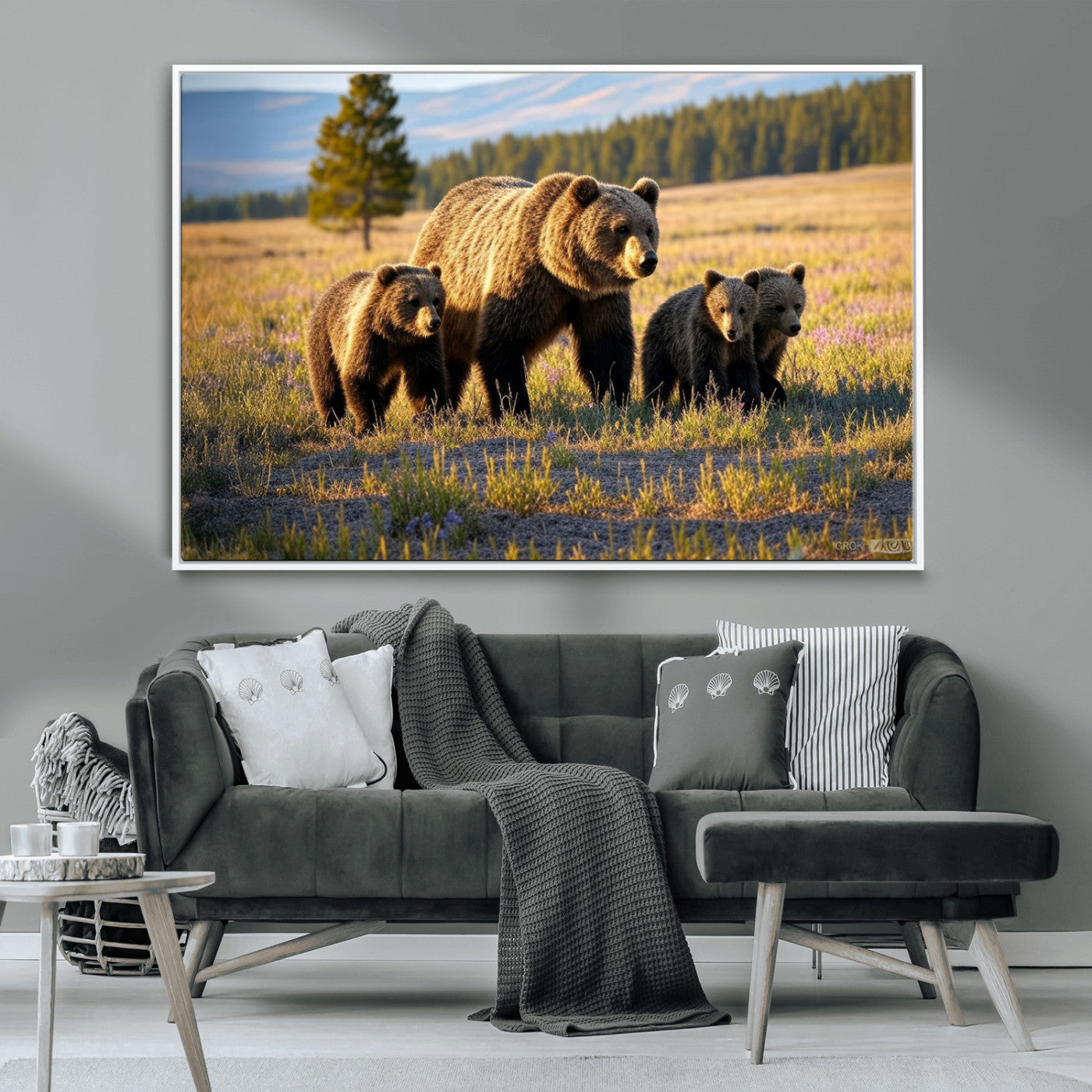 MGV-FC-36X24 - Grizzly 399 in Wild Flowers Wall Art Canvas Print, Grizzly Bears Wall Art, Queen of Grand Teton