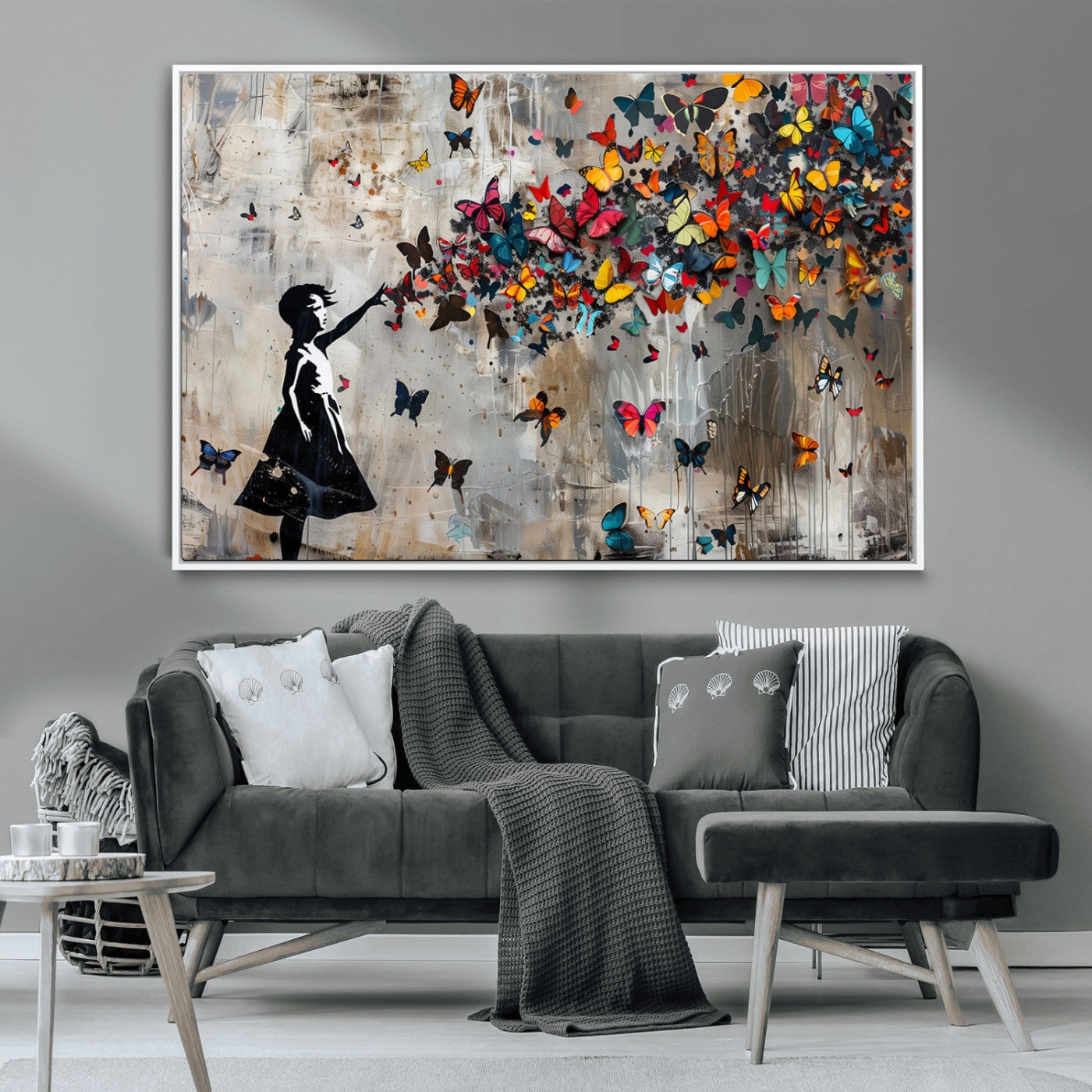 MGV-FC-36X24 - Framed Banksy Butterfly Girl Wall Art ,3-Piece Butterfly Girl Canvas, Modern Graffiti Canvas Print