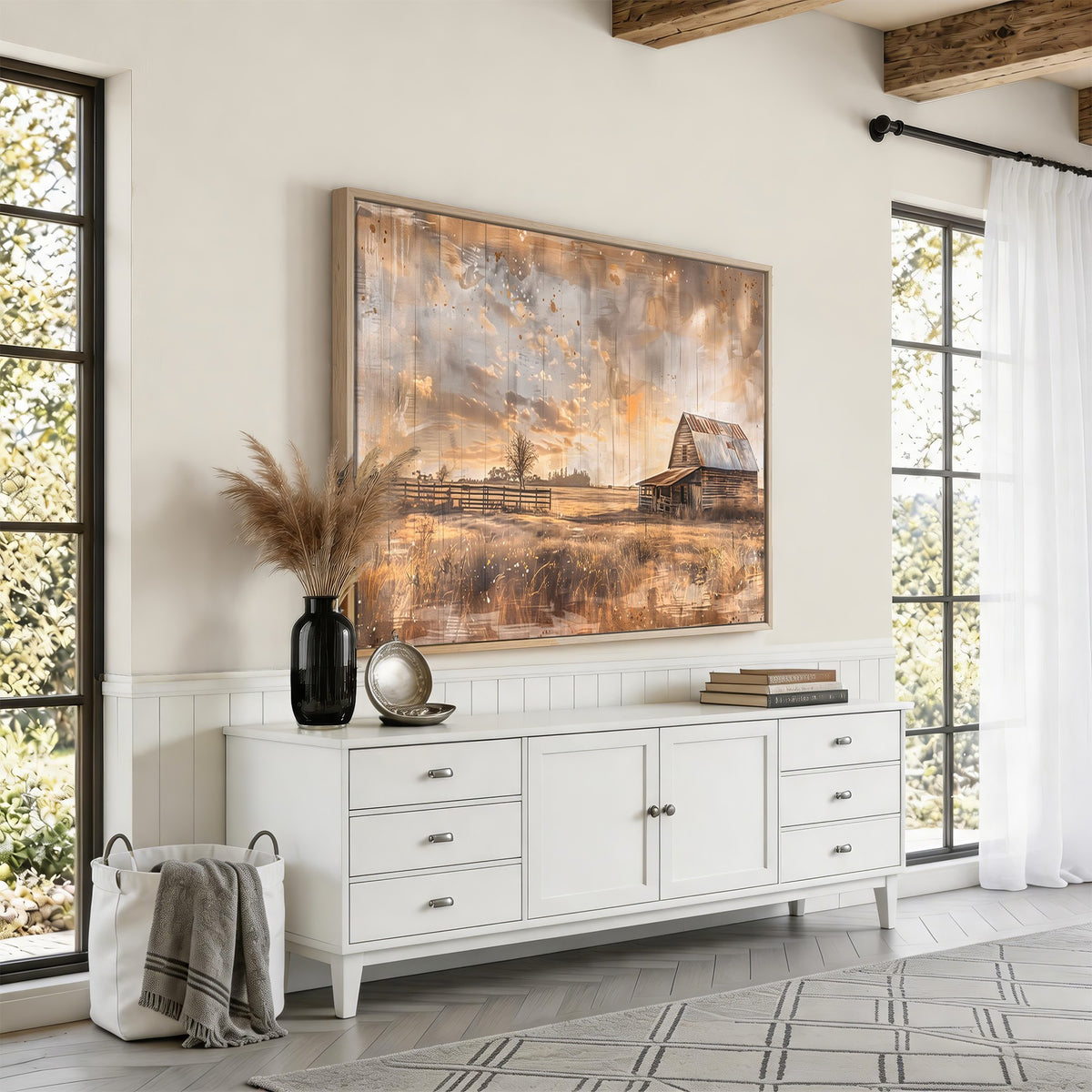 FARM2-MGV-CV-24X16 - Rustic Farmhouse Wall Art Canvas Print | Barn and Field Vintage Country Landscape