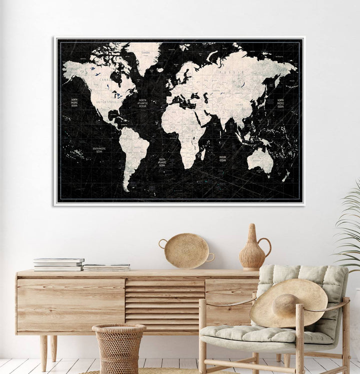Framed Black and White World Map Canvas Print | 3-Panel Ready to Hang Wall Art for Modern Home Decor | Bold Global Style for Office Decor