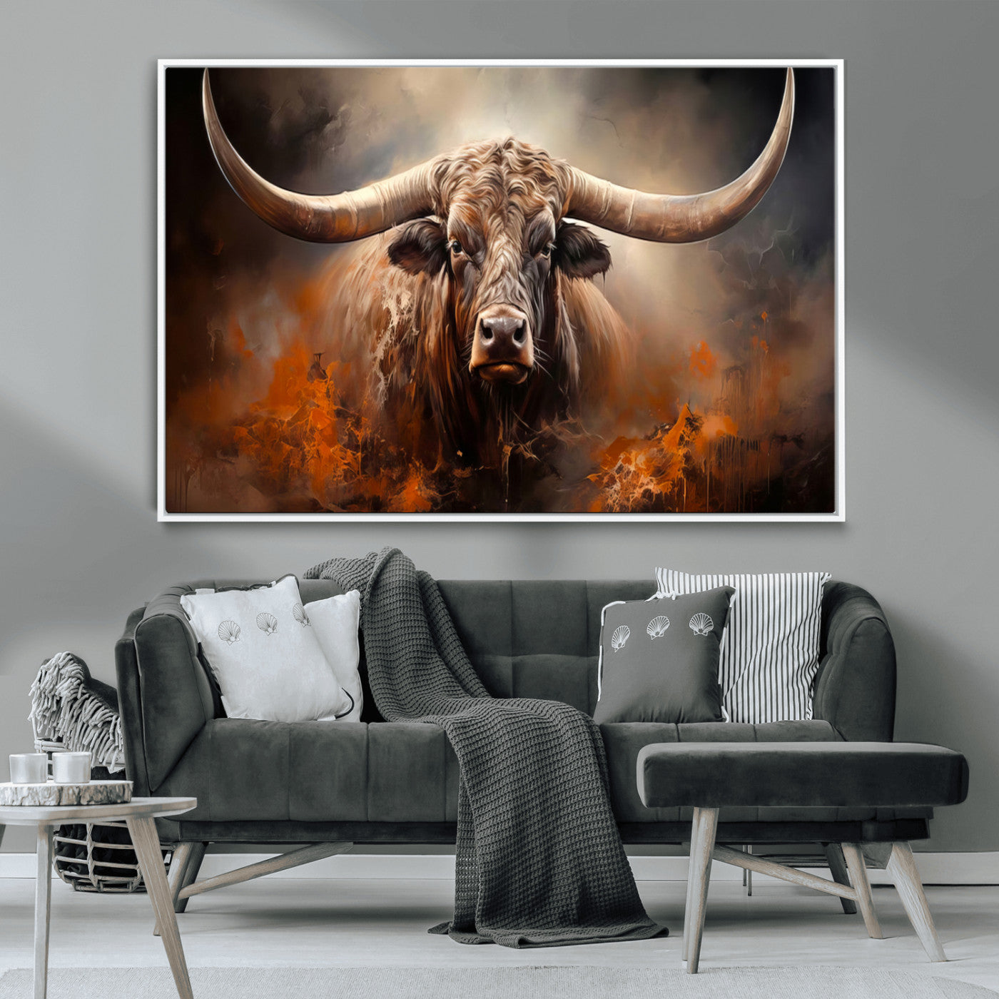 MGV-FC-36X24 - Highland Bull Canvas Abstract Canvas Wall Art Print – Powerful Highland Bull with Striking Horns in