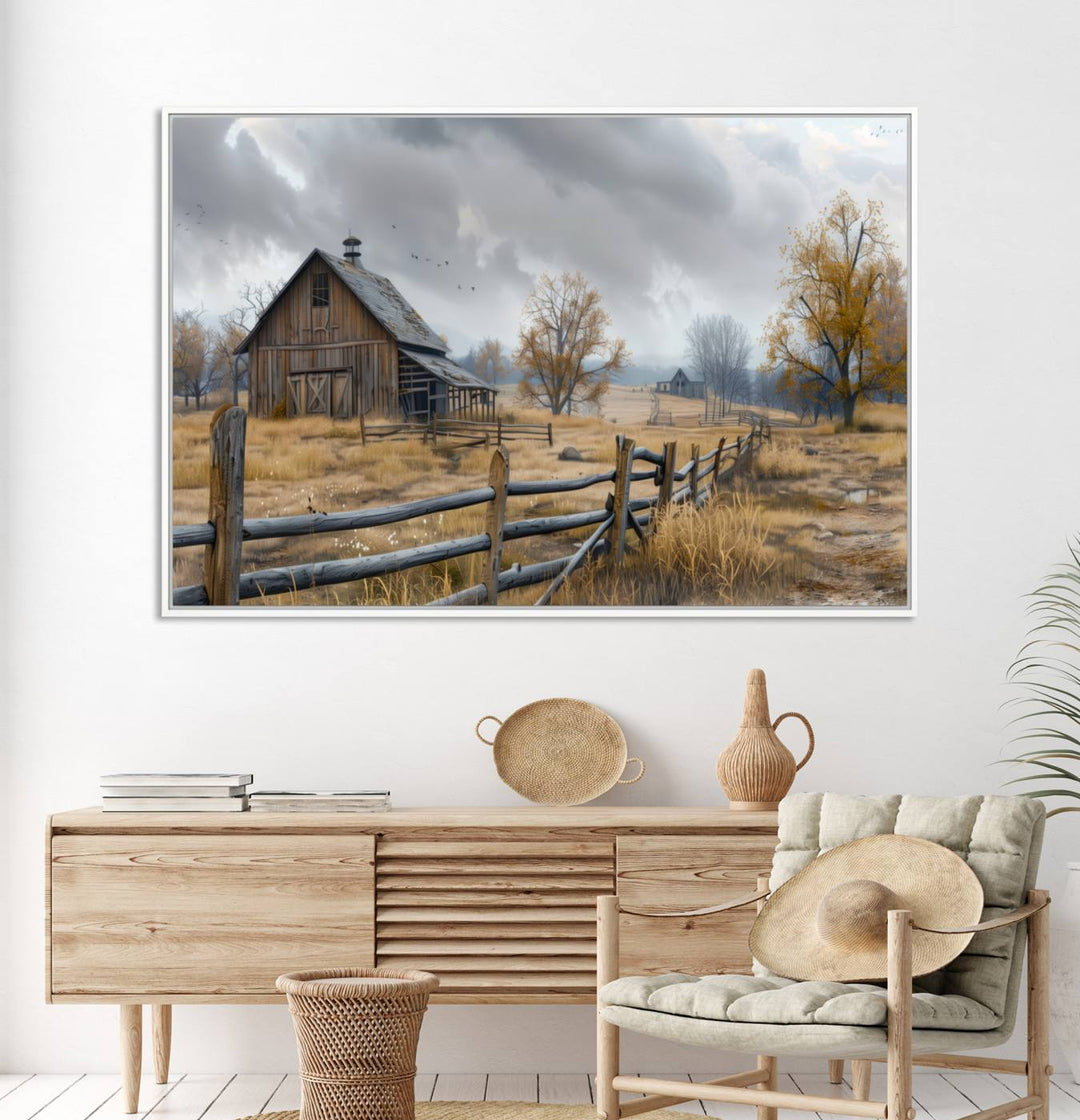 Rustic Autumn Farmhouse Wall Art – Weathered Barn & Trees Canvas Print, featuring a serene scene with birds in the sky. This piece is ready to hang.