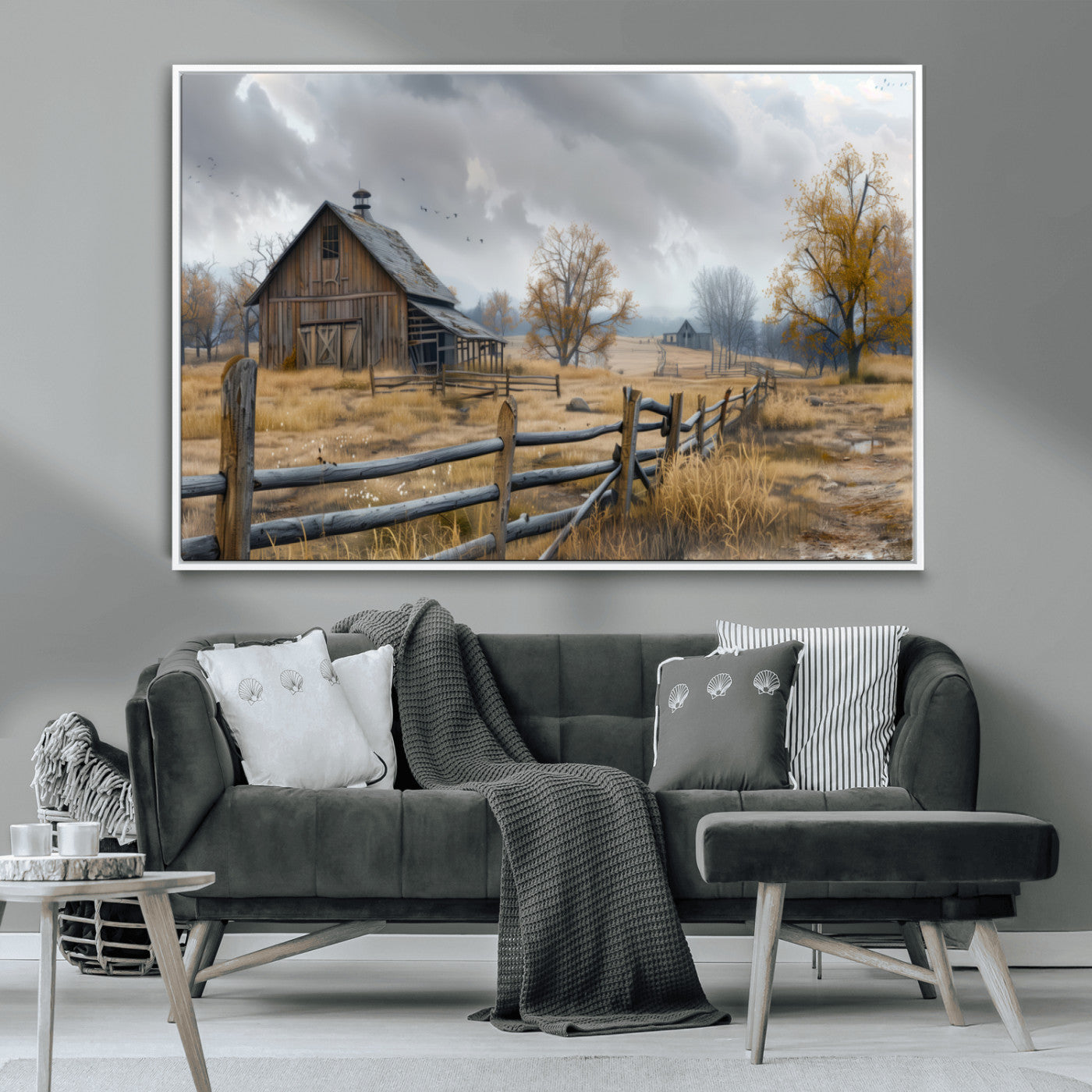MGV-FC-36X24 - Rustic Autumn Farmhouse Wall Art Canvas Print – Serene Countryside Scene with Weathered Barn and