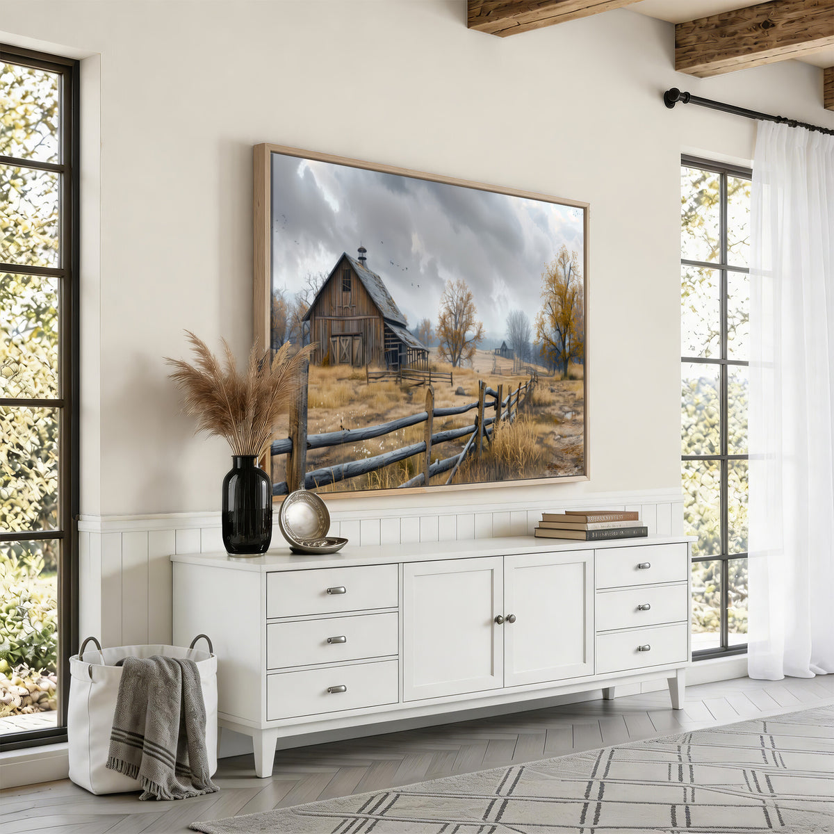 Farm1-MGV-CV-36X24 - Rustic Autumn Farmhouse Wall Art Canvas Print | Serene Countryside with Weathered Barn
