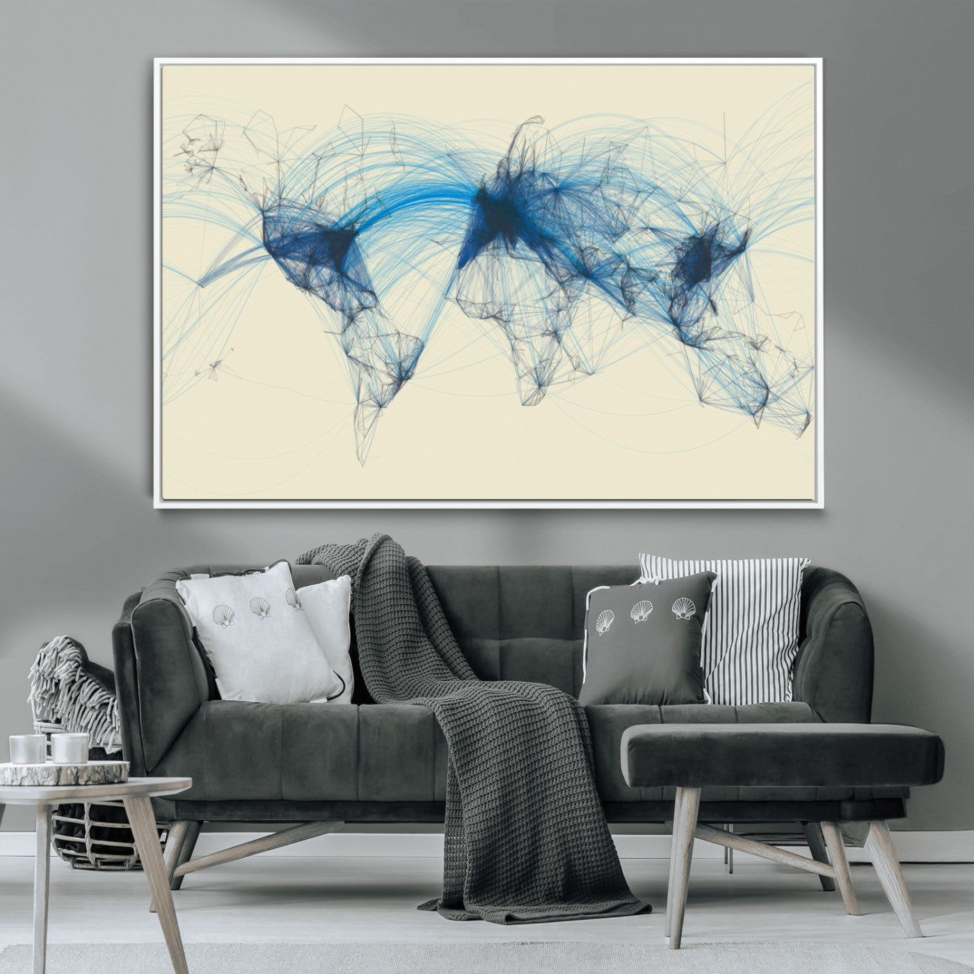 MGV-FC-36X24 - Flight Routes Map art Air Traffic Avi World Map with Blue Connections Canvas Wall Art – Modern