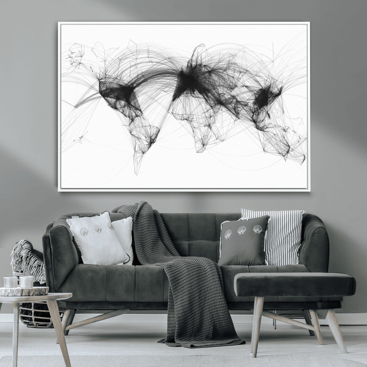 MGV-FC-36X24 - Flight Routes Air Traffic Map Canvas Wall Art - Framed - Ready to Hang