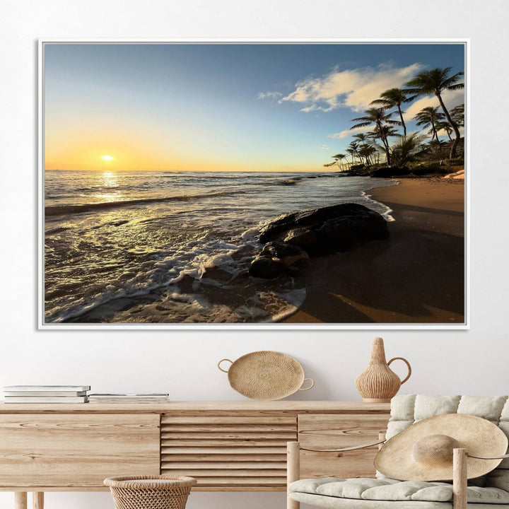 A serene tropical sunset on canvas, featuring palms and waves, serves as perfect Tropical Beach Wall Art for home or office decor.