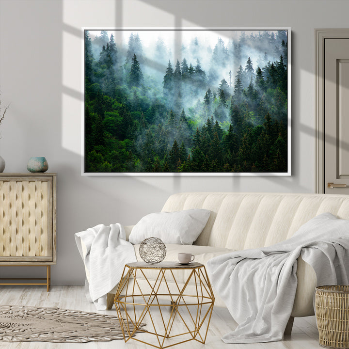 Misty Forest Art Wall Art Canvas Print, Foggy Mountain Art Print, Framed Scenic Wall Print Art Print, Large Woodland Canvas Printing Perfect