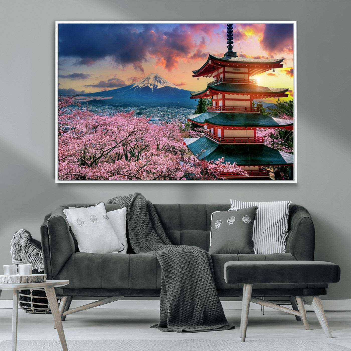 MGV-FC-36X24 - Mount Fuji & Cherry Blossom Wall Art Canvas Print – Iconic Japanese Landscape, Sakura Pagoda Sunset,