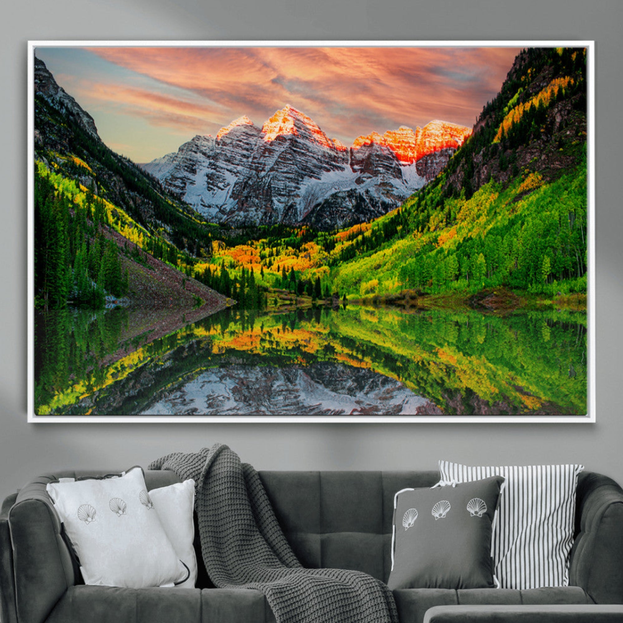 59533484-MGV-CV-36X24-Maroon Bells Lake Wall Art Canvas Print – Framed Majestic Colorado Mountain Scene with Autumn Reflection Artwork for Home, Office