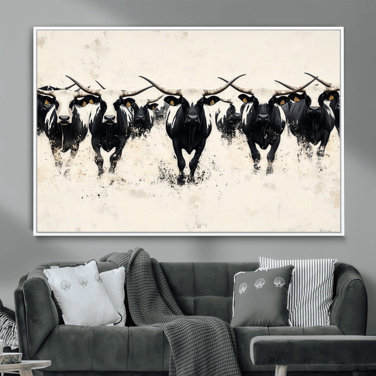 63302786-MGV-CV-36X24-Texas Longhorn Wall Art – Framed Black White Cattle Canvas Artwork, Stampede Bull Design, Western Ranch Decor for Home, Office