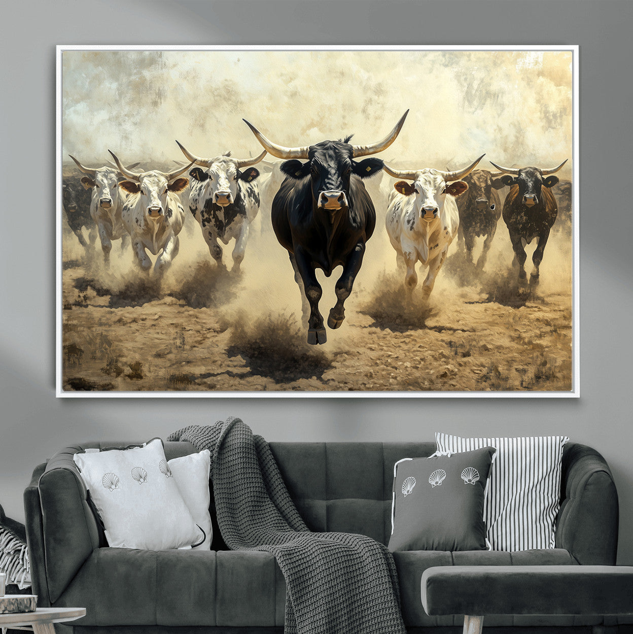 43421315-MGV-CV-36X24-Texas Longhorn Wall Art – Framed Charging Cattle Canvas Artwork, Dusty Western Herd Design, Rustic Ranch Decor for Home, Office