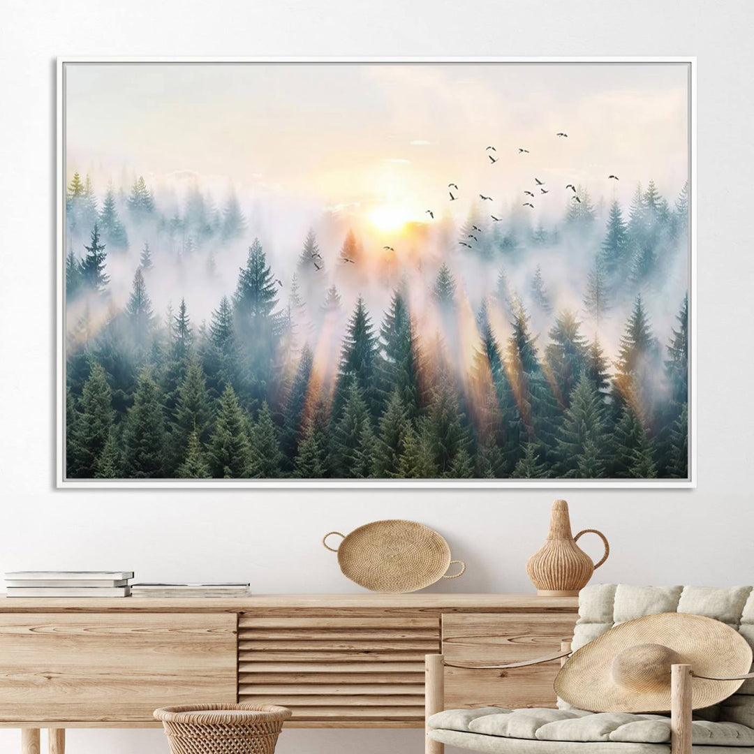 Misty Pine Forest Wall Art: A depiction of sunrise over foggy trees and birds against a bright sky; a framed woodland scene ideal for home or office decor.