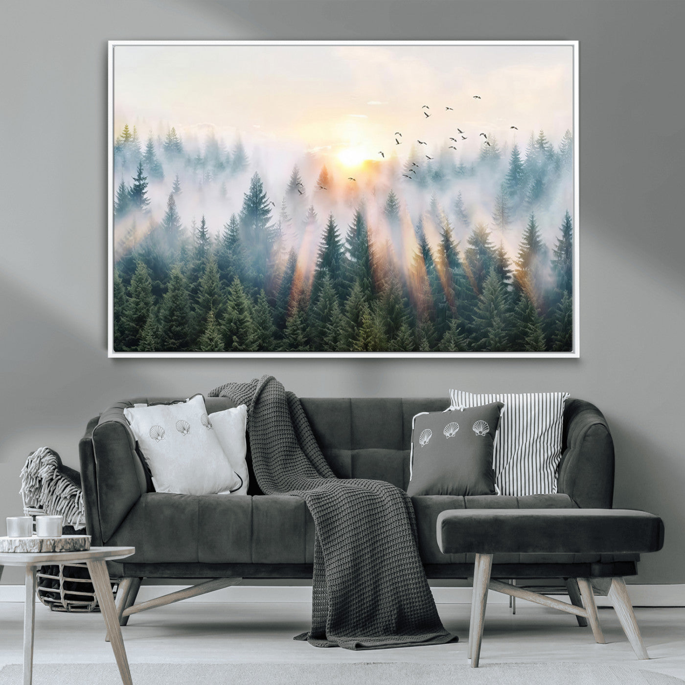 MGV-FC-36X24 - Misty Pine Forest Wall Art Canvas, Sunrise Over Foggy Trees Canvas for Home - Office, Framed