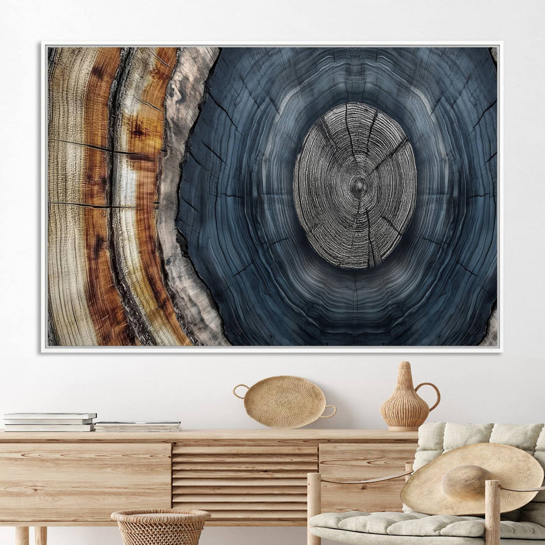 Close-up of the Abstract Tree Rings Wall Art Print featuring shades of blue, brown, and gray.