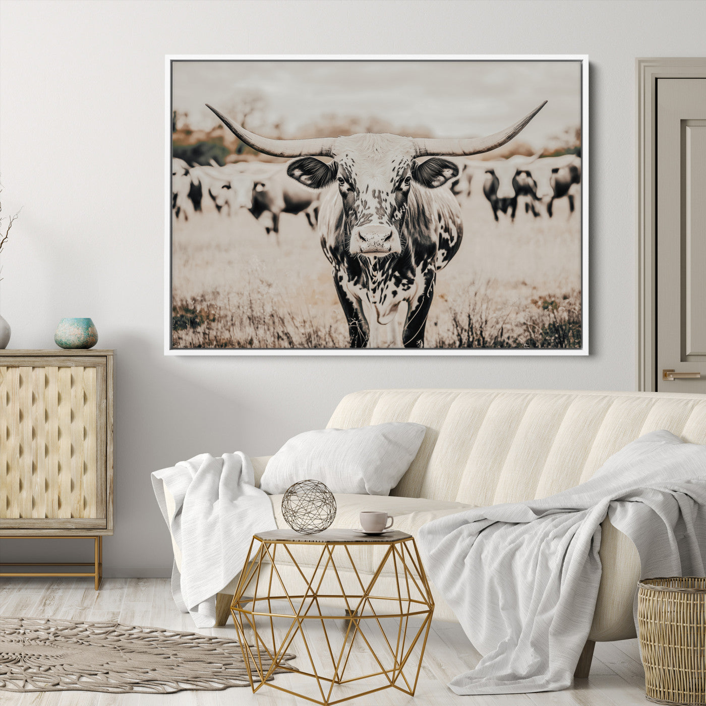 Texas Longhorn Wall Art Canvas Print, Framed Speckled Cow Art Picture Print, Horned Cattle Perfect Rustic Western Decor Artwork