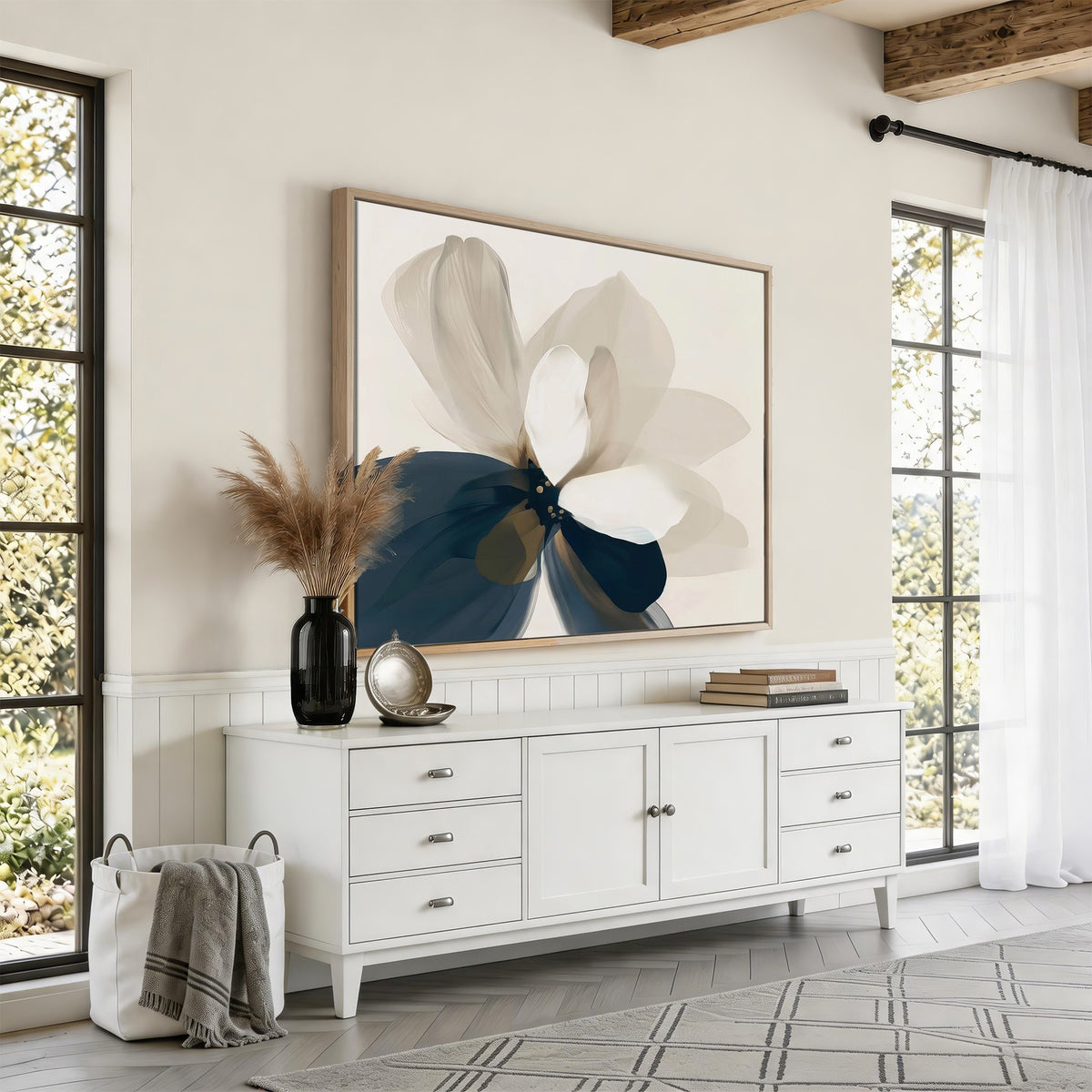 42188901-MGV-CV-24X16 - Minimal Flower Wall Art Canvas Print | Framed Beige and Navy Bloom