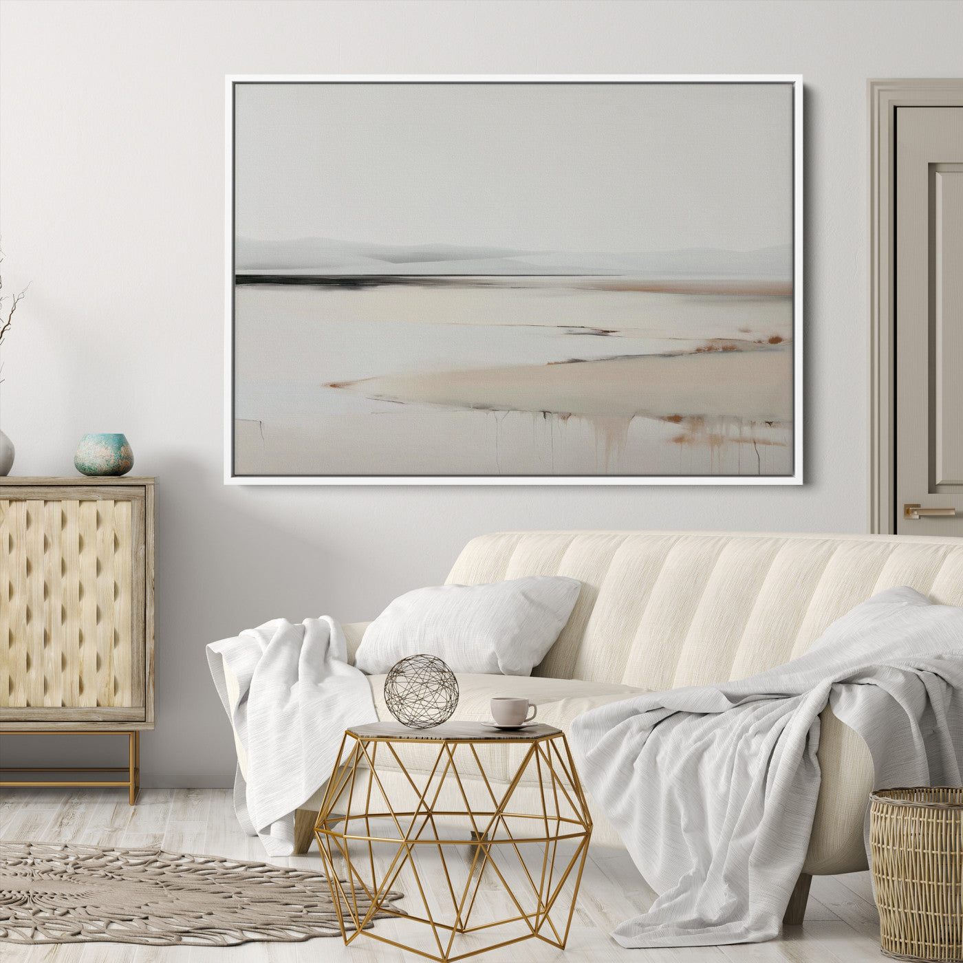 Minimalist Landscape Wall Art Canvas Print, Framed Soft Horizon Art Picture Print, Abstract Seascape Perfect Minimalist Earthy Decor, Framed