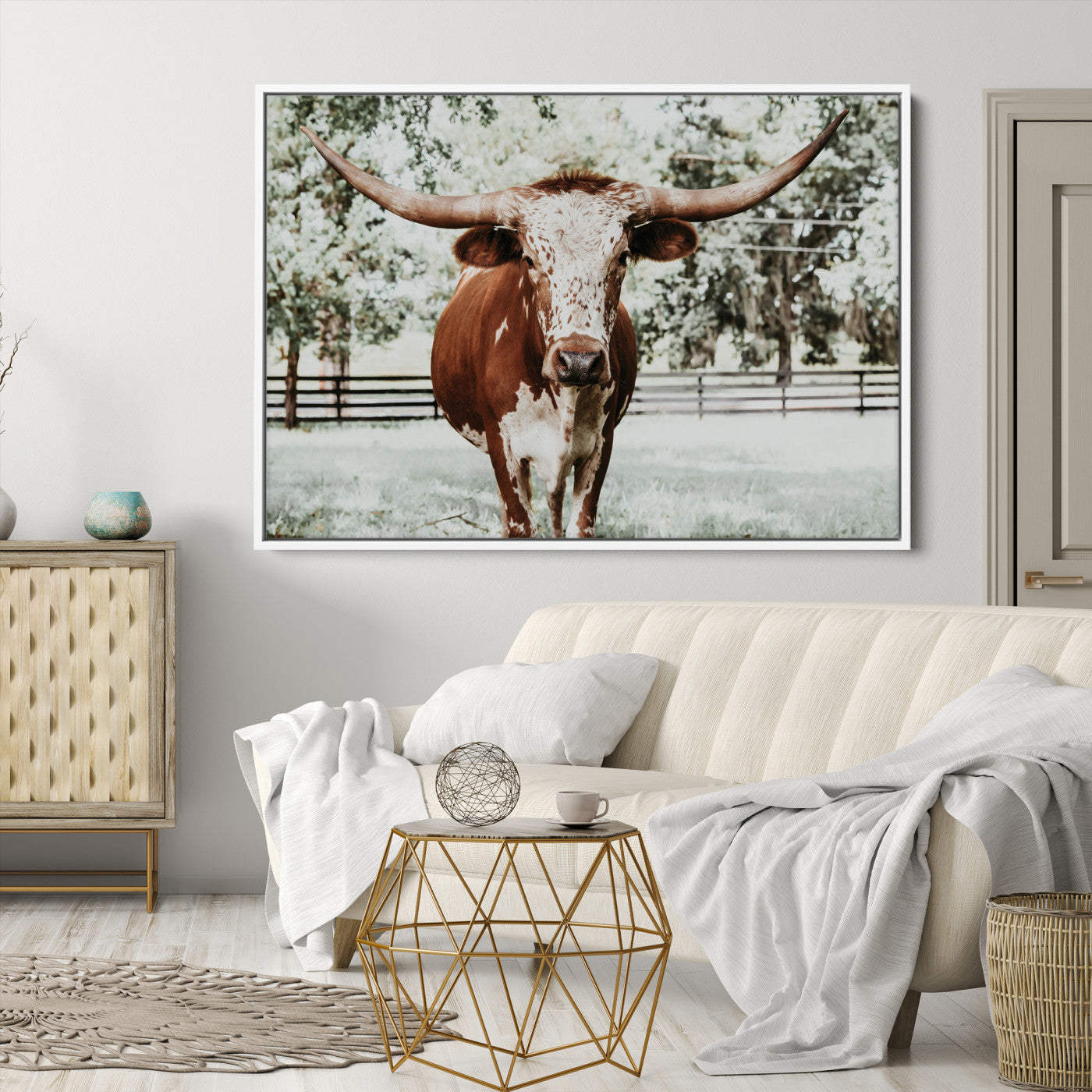 54757537-MGV-CV-36X24-Texas Longhorn Wall Art Canvas Print, Framed Spotted Cow Art Picture Print, Horned Cattle Perfect Rustic Western Decor Artwork