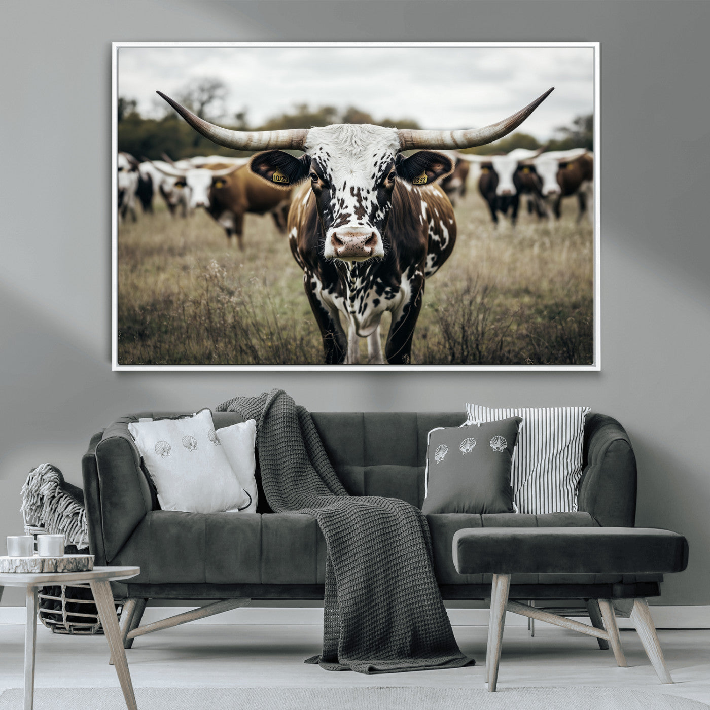 MGV-FC-36X24 - Majestic Longhorn Cow Wall Art – Canvas Print of Intricate Fur & Sharp Horns Earthy Tones Serene Landscape, Rustic Charm Decor for Living Room, Office or Bedroom