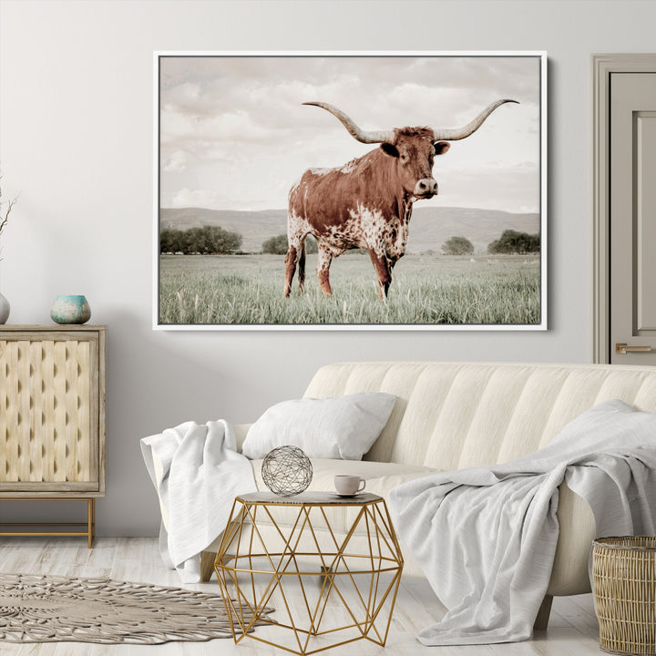 Texas Longhorn Wall Art Canvas Print, Framed Spotted Cattle Art Picture Print, Horned Bull Perfect Rustic Western Decor Artwork
