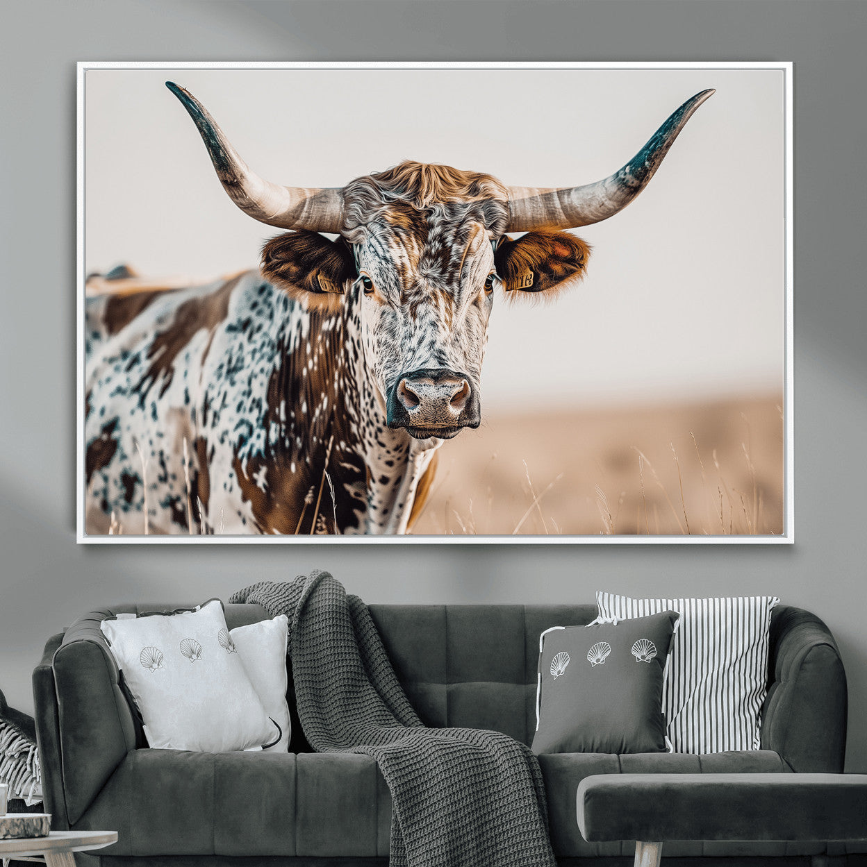 70414966-MGV-CV-36X24-Texas Longhorn Wall Art – Framed Speckled Cow Canvas Artwork, Horned Bull Design, Western Ranch Decor for Home, Office