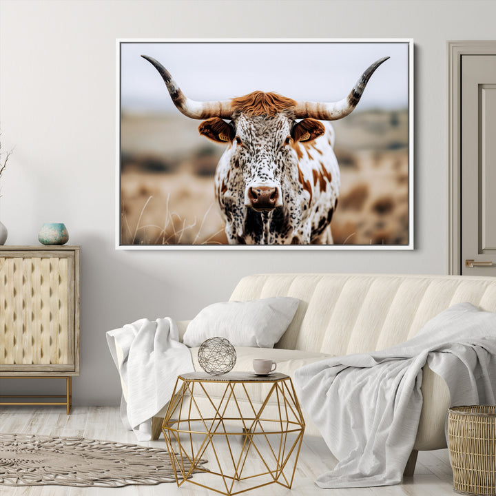 Texas Longhorn Wall Art Canvas Print, Framed Spotted Cow Art Picture Print, Horned Cattle Perfect Rustic Western Decor Artwork
