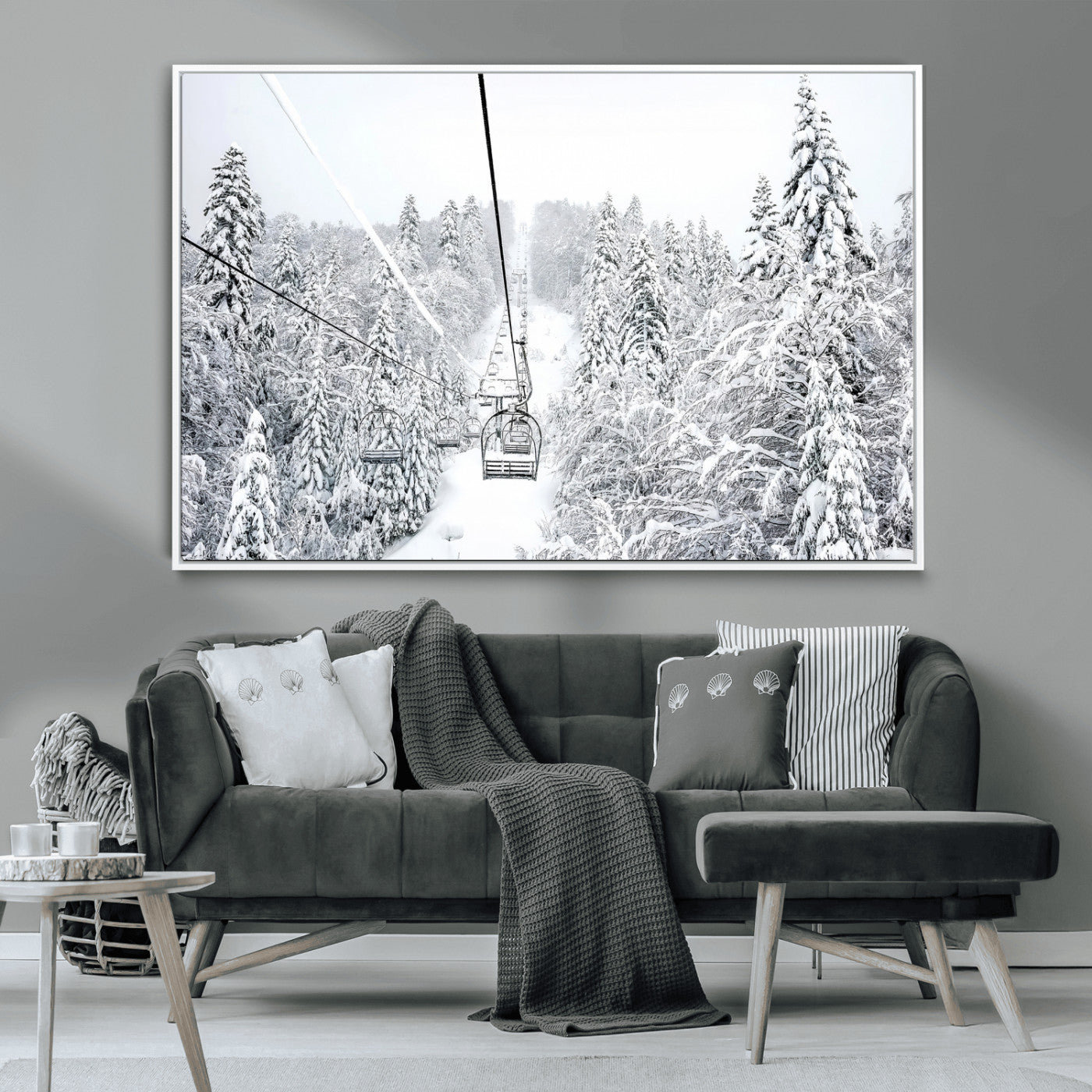 MGV-FC-36X24 - Snowy Mountains Wall Art Canvas Print, Framed Ski Lift Art Picture Print, Winter Forest Perfect
