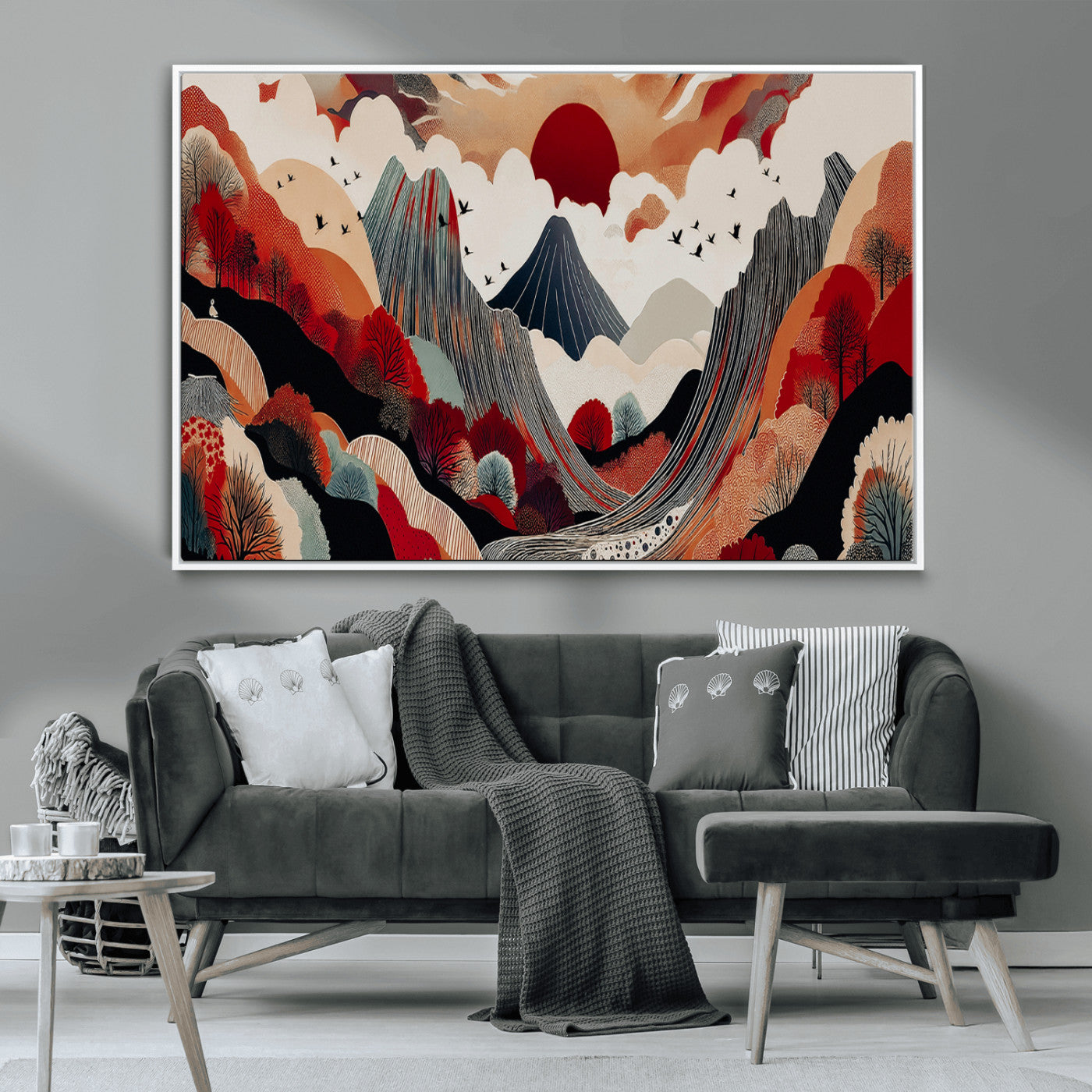 MGV-FC-36X24 - Abstract Mountain Wall Art Canvas Print, Framed Vibrant Landscape Art Picture Print, Stylized Nature Drawing Perfect Contemporary Minimalist Decor Artwork