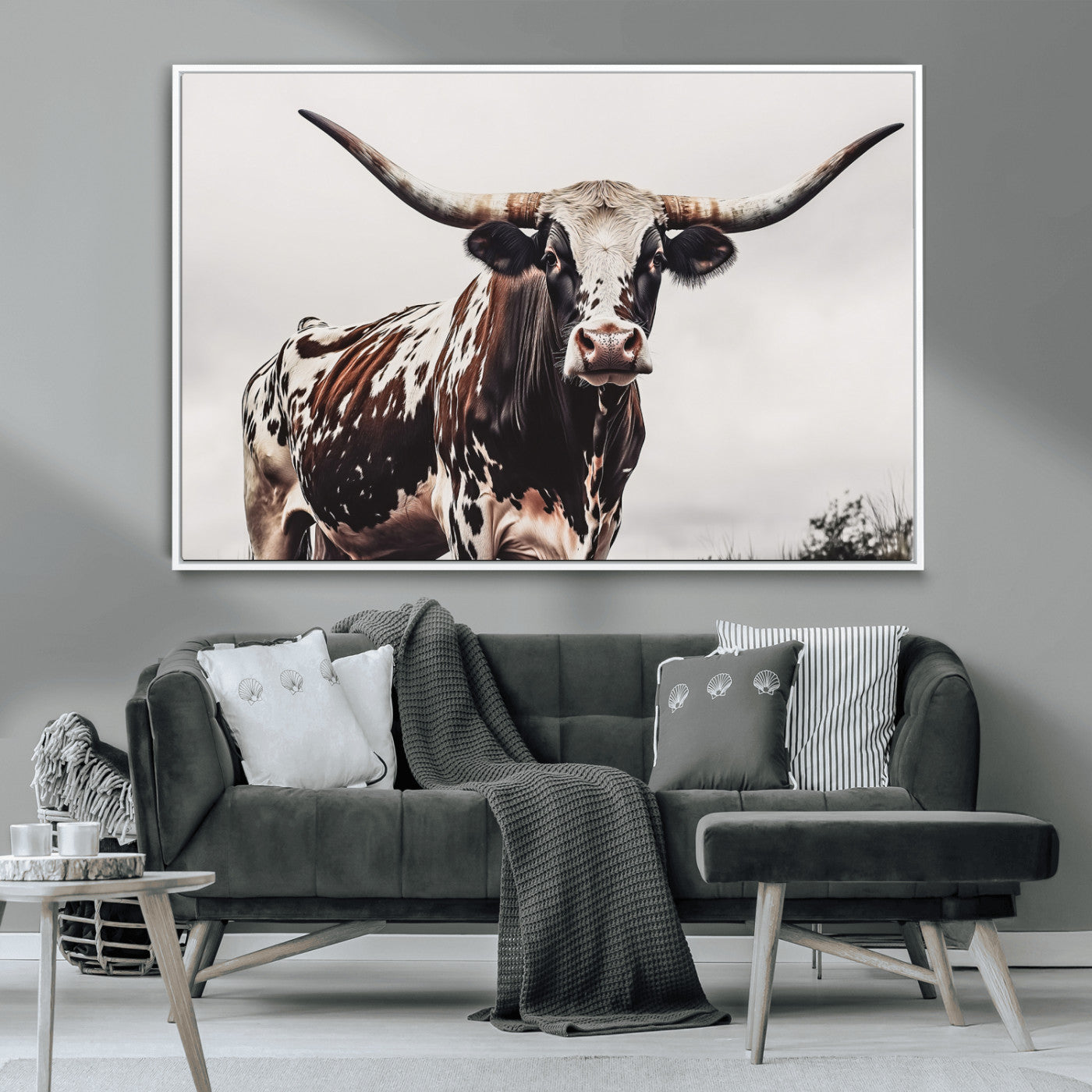 MGV-FC-36X24 - Texas Longhorn Wall Art Canvas Print, Framed Spotted Bull Art Picture Print, Horned Cattle Perfect Rustic Farmhouse Decor Artwork