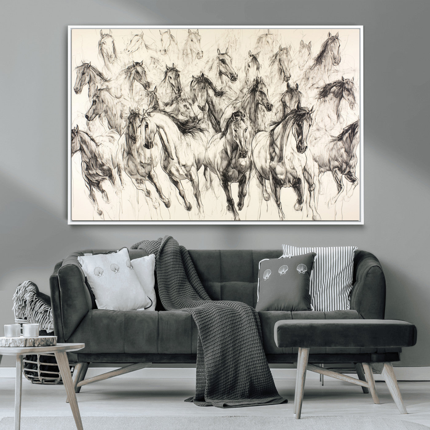 MGV-FC-36X24 - Running Horses Wall Art Canvas Print, Framed Horse Sketch Art Picture Print, Galloping Herd Perfect Monochrome Western Decor Artwork