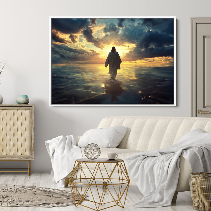 Jesus Walks Wall Art Canvas Print, Framed Divine Sunset Art Picture Print, Spiritual Light Perfect Spiritual Tranquil Decor Artwork