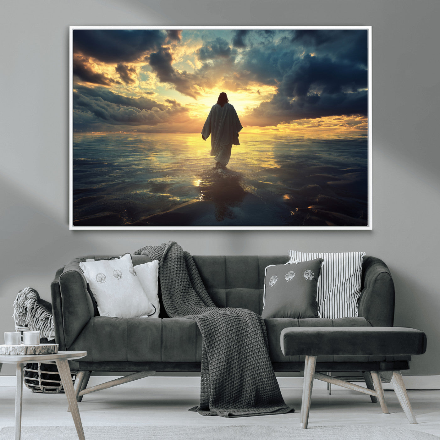 MGV-FC-36X24 - Jesus Walks Wall Art Canvas Print, Framed Divine Sunset Art Picture Print, Spiritual Light Perfect Spiritual Tranquil Decor Artwork