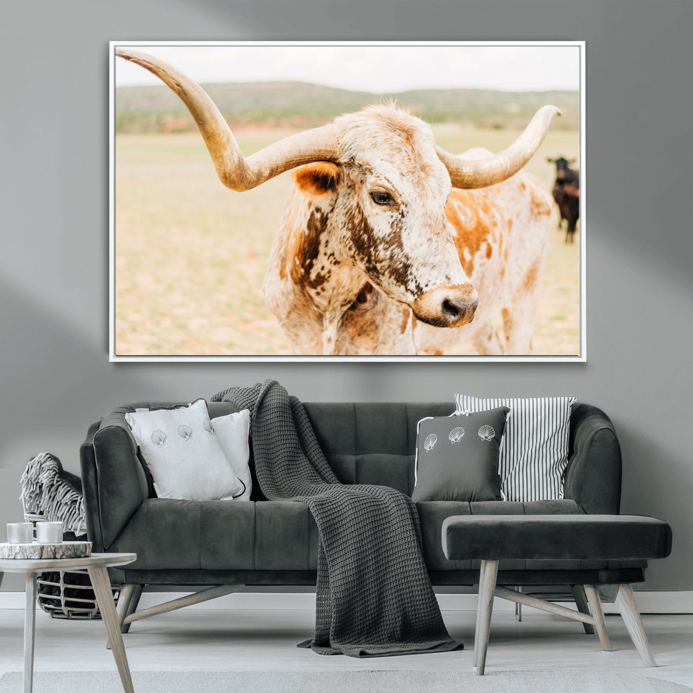 MGV-FC-36X24 - Texas Longhorn Wall Art Canvas Print, Framed Speckled Cow Art Picture Print, Rustic Bull Perfect Rustic Western Decor Artwork
