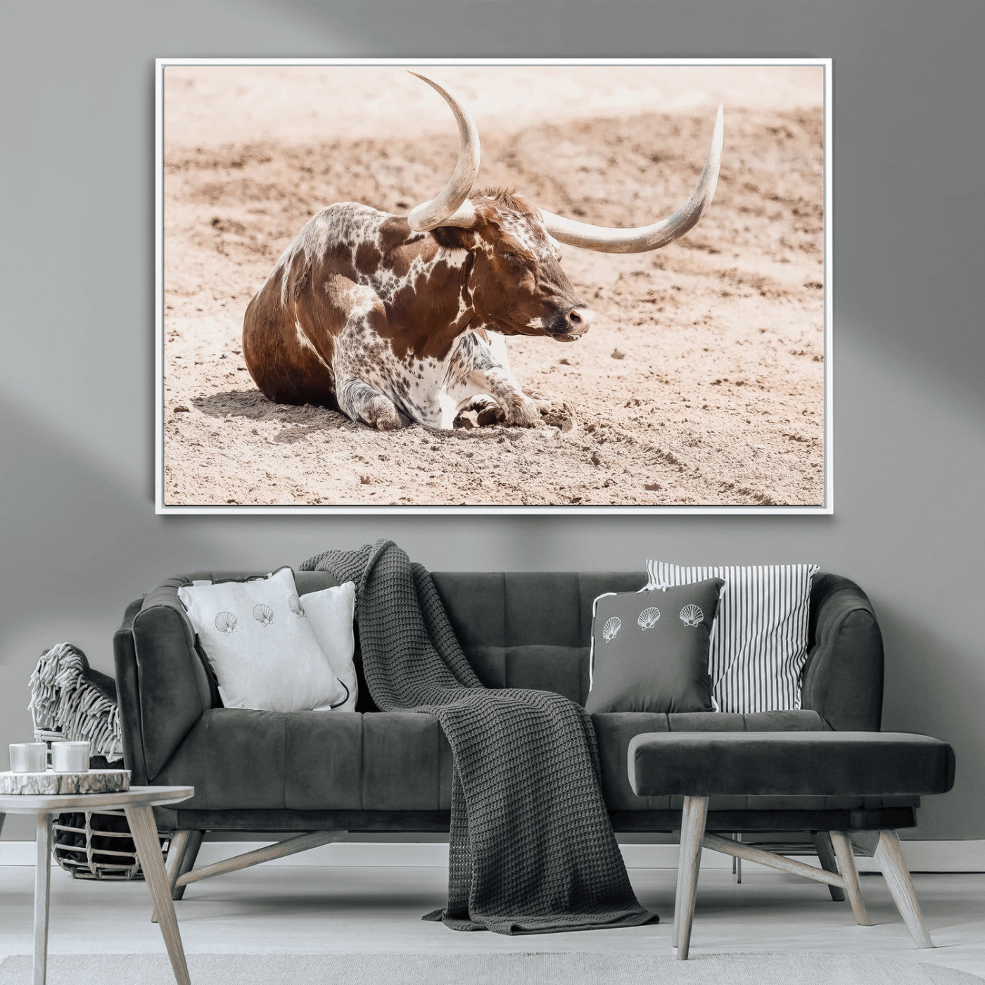 MGV-FC-36X24 - Texas Longhorn Wall Art Canvas Print, Framed Resting Bull Art Picture Print, Spotted Cattle Perfect Rustic Western Decor Artwork