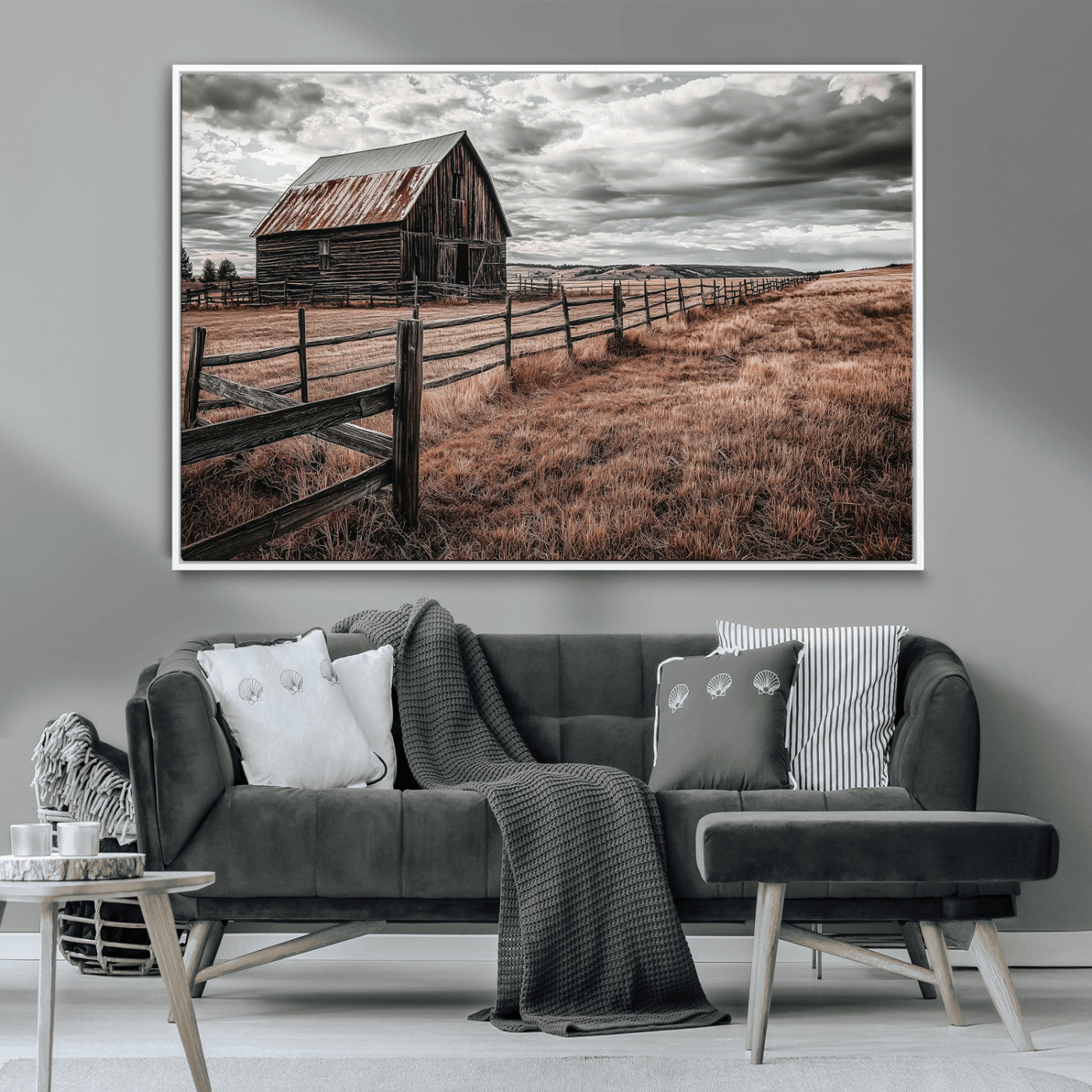 MGV-FC-36X24 - Rustic Barn Wall Art Canvas Print, Framed Moody Field Art Picture Print, Weathered Fence Perfect Moody Farmhouse Decor Artwork
