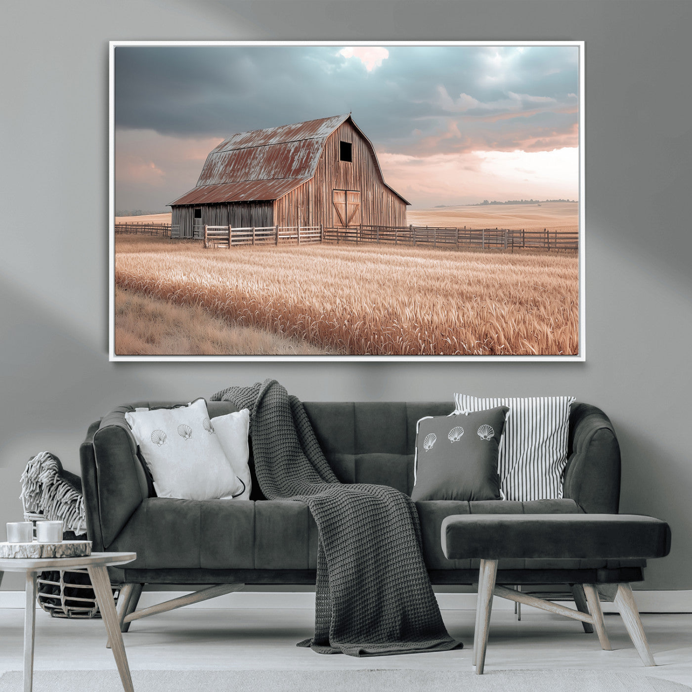 MGV-FC-36X24 - Rustic Barn Wall Art Canvas Print, Framed Wheat Field Art Picture Print, Sunset Barn Perfect Vintage Farmhouse Decor Artwork