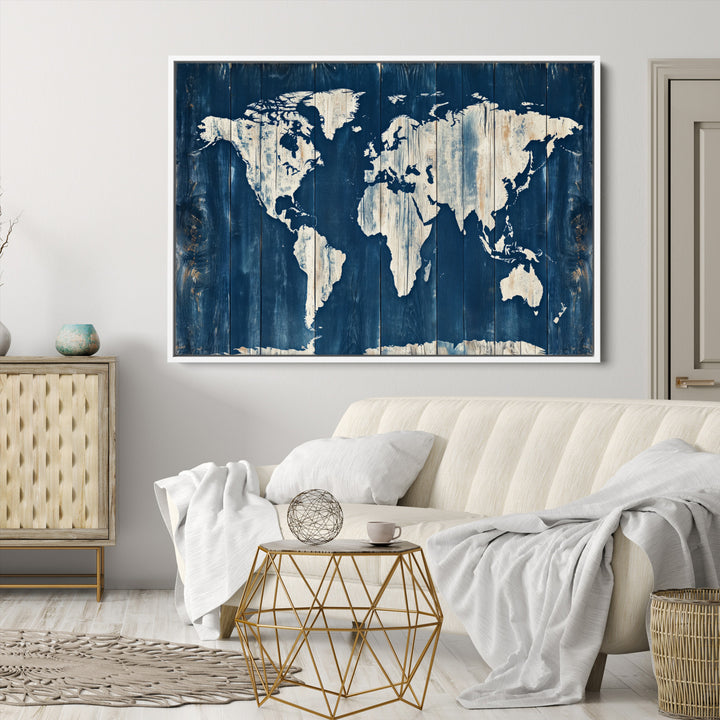 World Map Wall Art Canvas Print, Rustic Map Print, Framed Wooden World Map Art Print, Large Antique Map Decor Printing Perfect for Vintage Decor