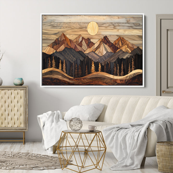 Wood Mountain Wall Art Canvas Print, Framed Boho Wood Art Print, Abstract Woodland Farmhouse Decor