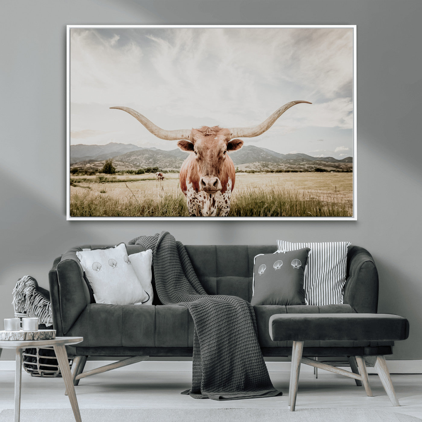 MGV-FC-36X24 - Texas Longhorn Wall Art Canvas Print, Framed Western Cow Art Picture Print, Rustic Farmhouse Perfect Farmhouse Decor Artwork