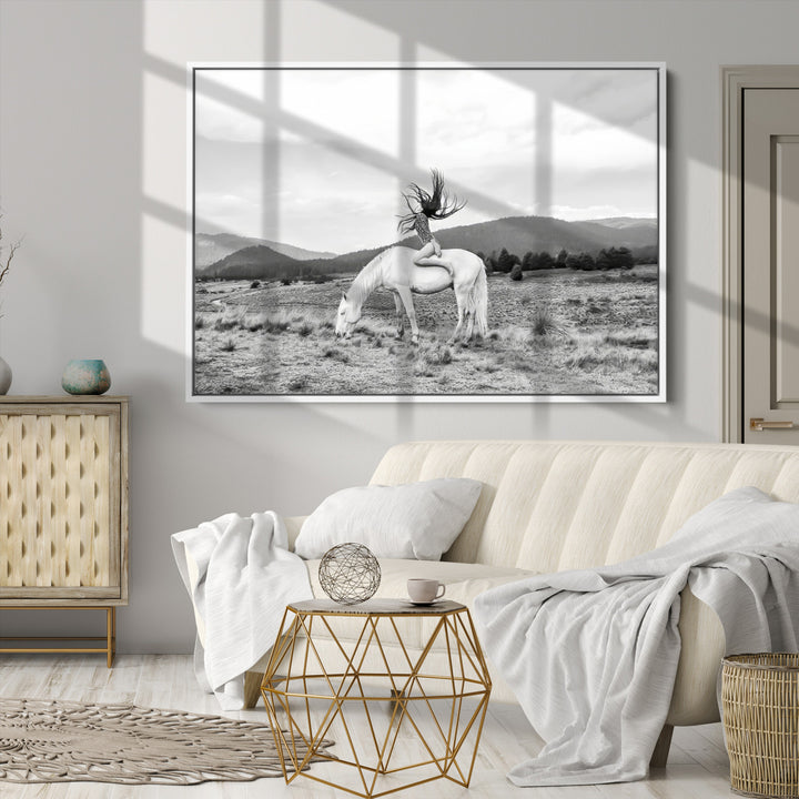 White Horse Wall Art Canvas Print, Woman Rider Print, Framed Equestrian Pose Art Print, Large Grazing Horse Printing Western Boho