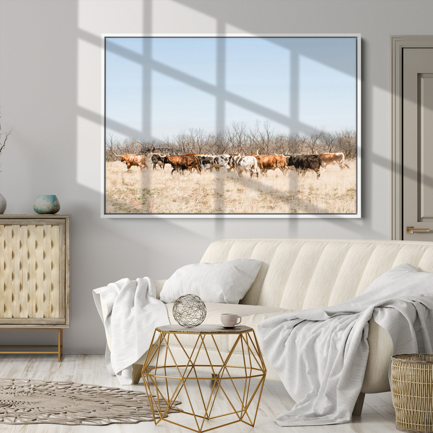 Texas Longhorns Wall Art Canvas Print, Western Cattles Print Wall Art, Framed Rustic Herd Art Print, Large Country Cows Printing Rustic
