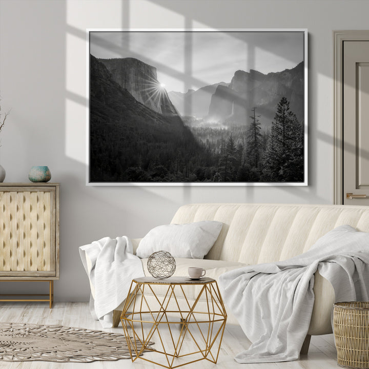 Yosemite Valley Wall Art Canvas Print, Framed El Capitan Sunrise Print, Framed Misty Mountain Art Print, Large Monochrome Valley Printing