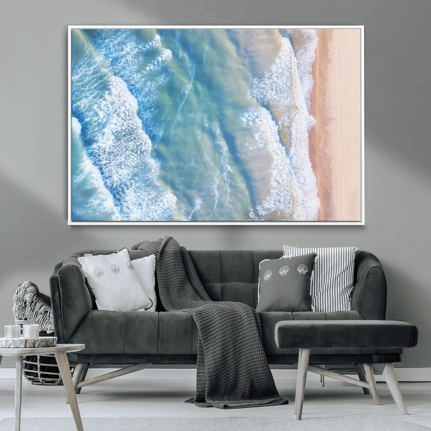 MGV-FC-36X24 - Aerial Ocean View Wall Art Canvas Print, Framed Soft Blue Waves Art Picture Print, Sandy Shoreline Perfect Modern Coastal Decor Artwork